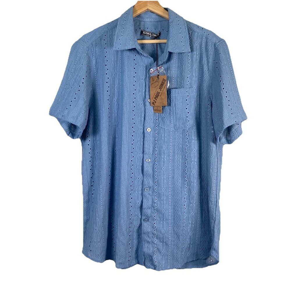 Paul Jones Shirt Mens Size‎ M Blue Stretch Button Up Short Sleeve Career Casual
